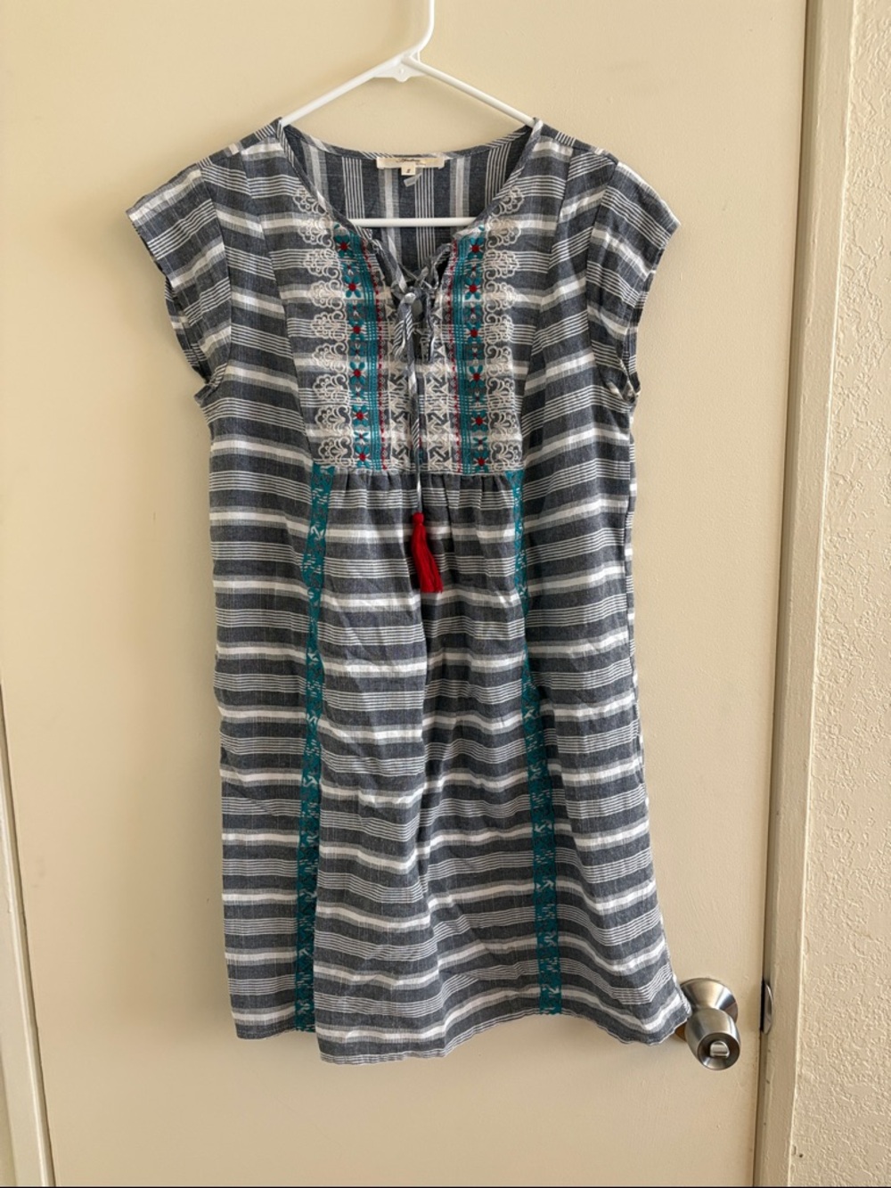 ANDREE BY UNIT Blue & White Striped Embroidered Casual Dress with Red Tassel